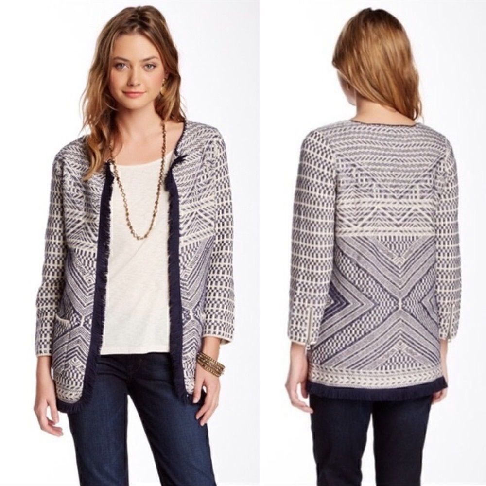 Lucky Brand- Women’s Fringe Open Front Cardigan Boho Aztec Print, Size Medium